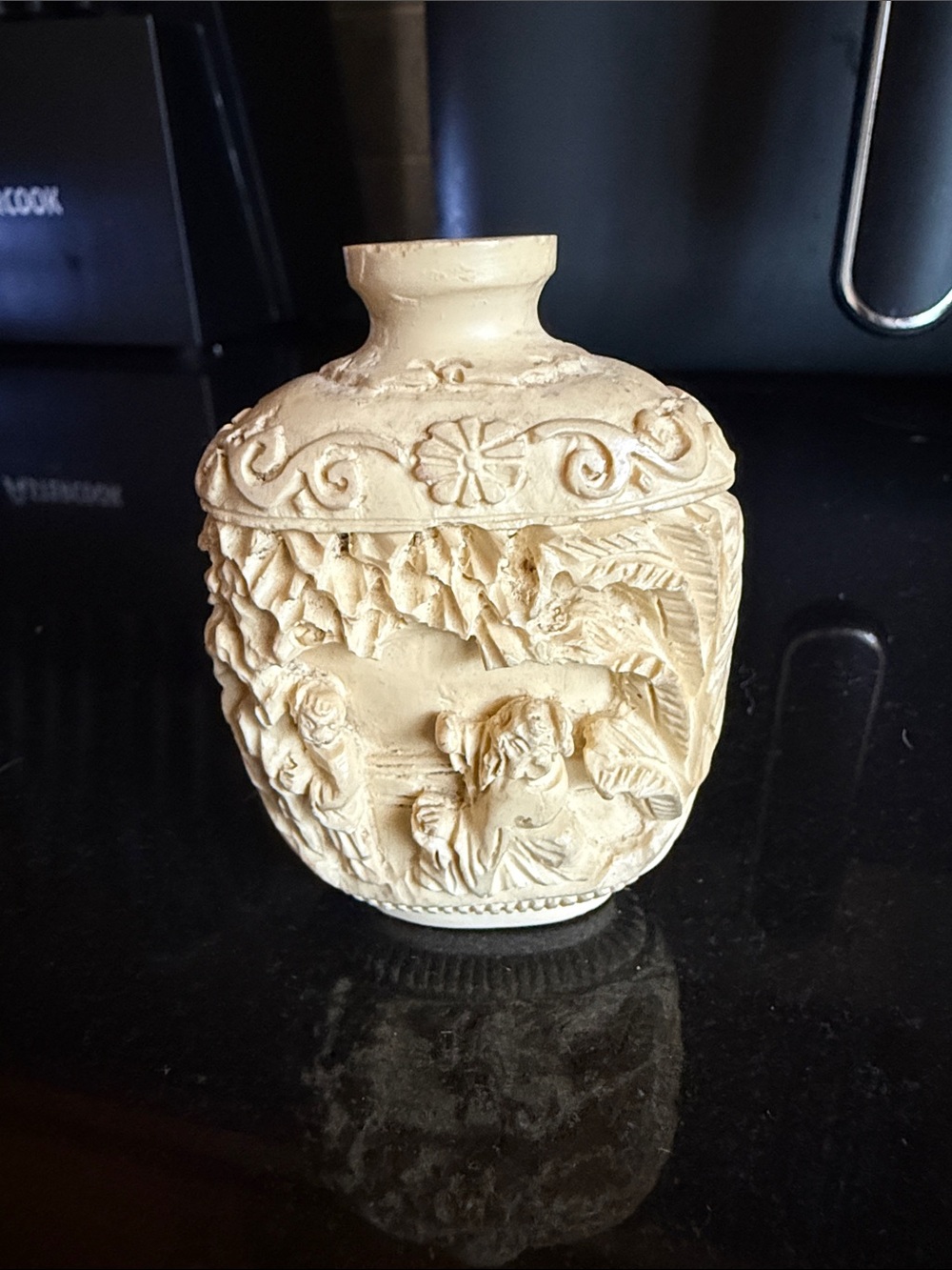 Unk Cream Carved Relief Ceramic Vase with Scenic Motif